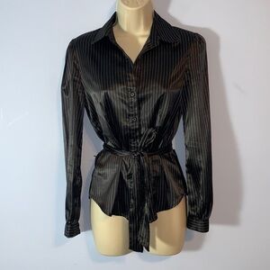 So Y2K 2000’s Black satin Pinstripe fitted Button-Up Blouse size small belted
